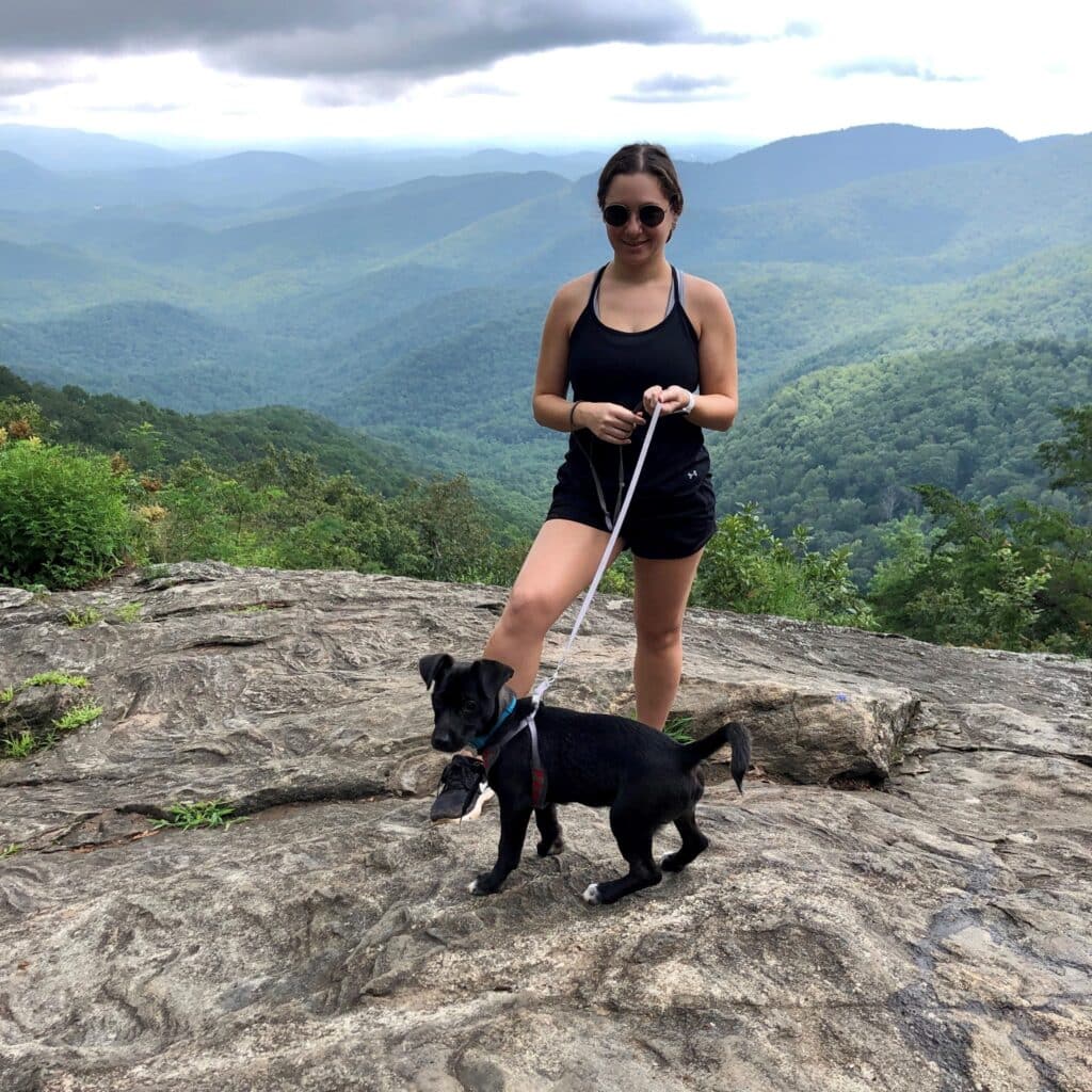 Jamie Lief with dog on mountain top overlooking a forest